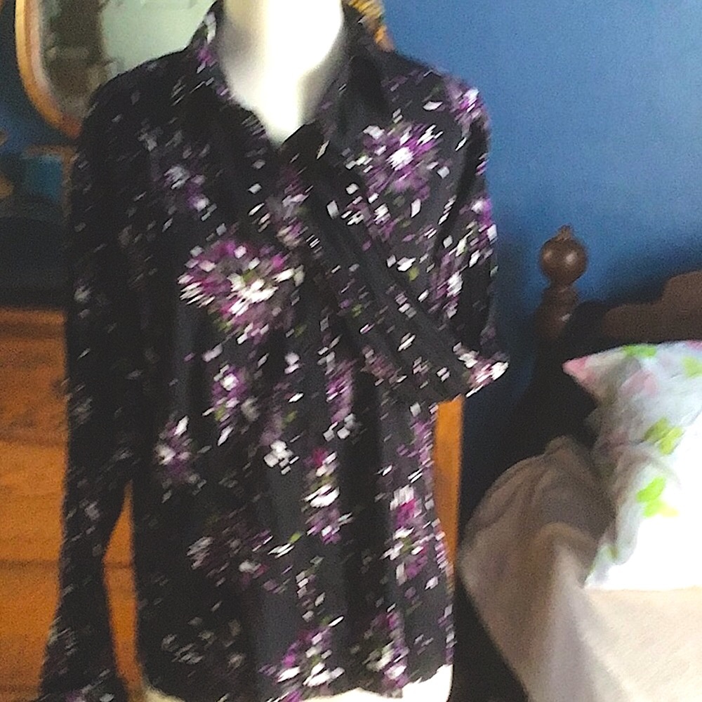Purple, green, white, and black long sleeve shirt. Cuffed wrist.